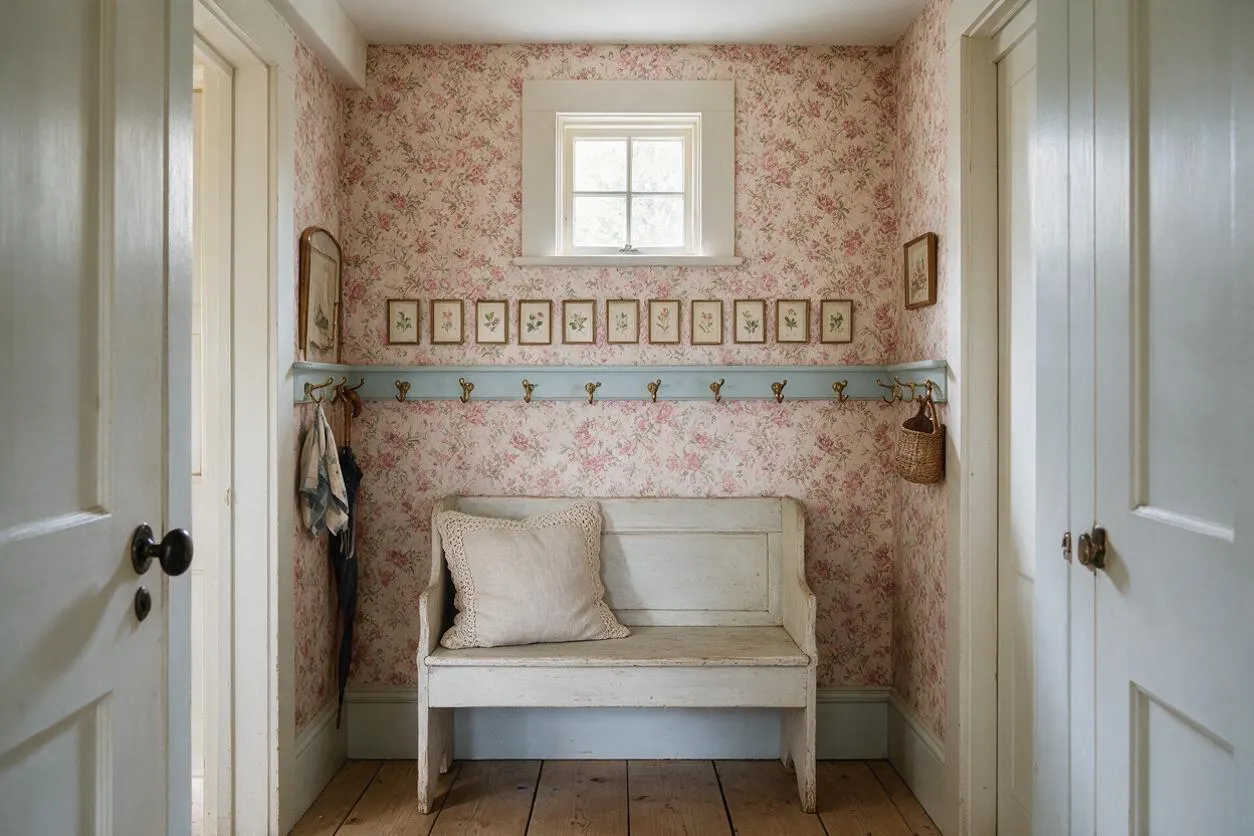 A narrow cottagecore mudroom with pink floral wallpaper, a small window centered above a row of framed botanical prints, and a distressed white wooden bench below. Pale blue trim with brass hooks runs along the wall, with hanging bags and accessories, wood plank flooring, and soft white doors framing the space.