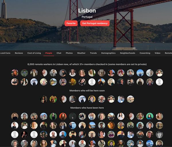 The image displays a webpage dedicated to remote workers in Lisbon, featuring user profile photos and statistics.