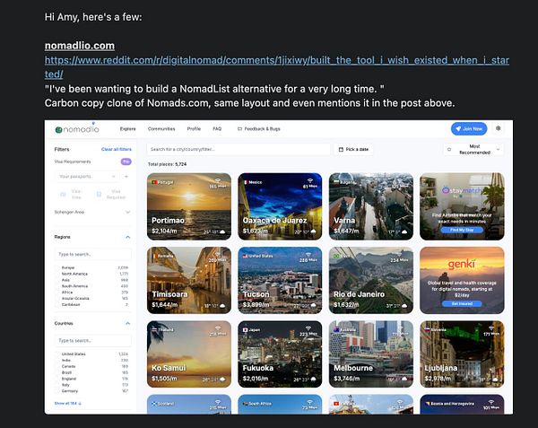 The image displays a screenshot of the Nomadlio website, showcasing various cities with associated costs and metrics for digital nomads.
