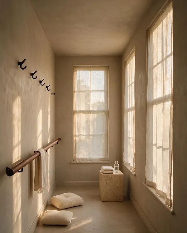 A narrow home gym with warm beige plaster walls, sheer linen curtains, and soft natural light streaming through tall windows. A wooden ballet-style barre runs along one wall, with cushioned floor pillows, black wall hooks, and a small stone pedestal holding folded towels and a glass bottle, creating a calm organic modern exercise space.