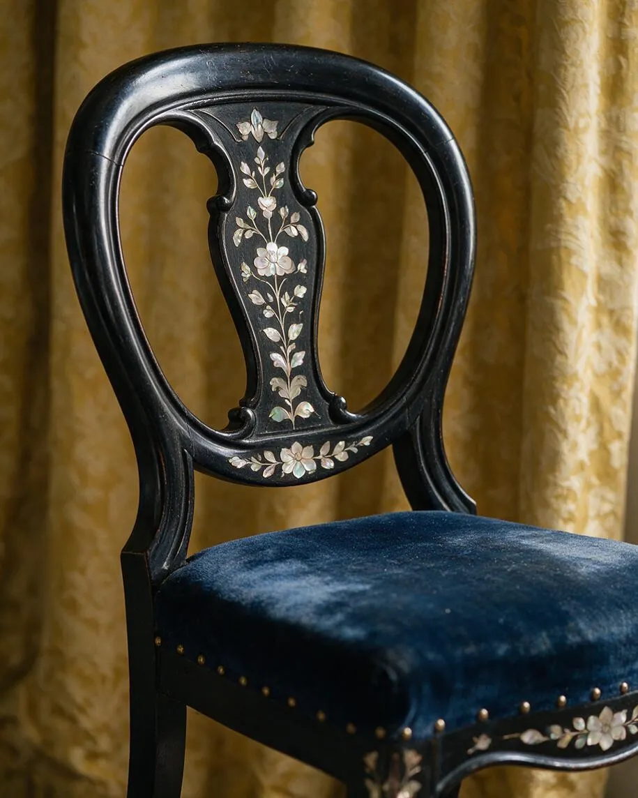 A Victorian-style chair with a glossy black curved wooden frame, oval backrest, and delicate floral inlay decoration. The seat is upholstered in deep blue velvet with brass nailhead trim, set against gold patterned drapery.