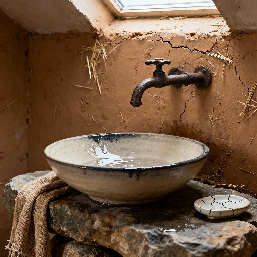 A Wabi-Sabi bathroom vignette shows a wall-mounted, weathered iron faucet dripping into a hand-thrown ceramic vessel sink set on stacked rough stone slabs. The walls are clay plaster mixed with visible straw and organic cracks beneath a small skylight. A coarse burlap towel lies on the stone, and a crackle-glazed soap dish rests beside the basin, all in warm, earthy neutrals.