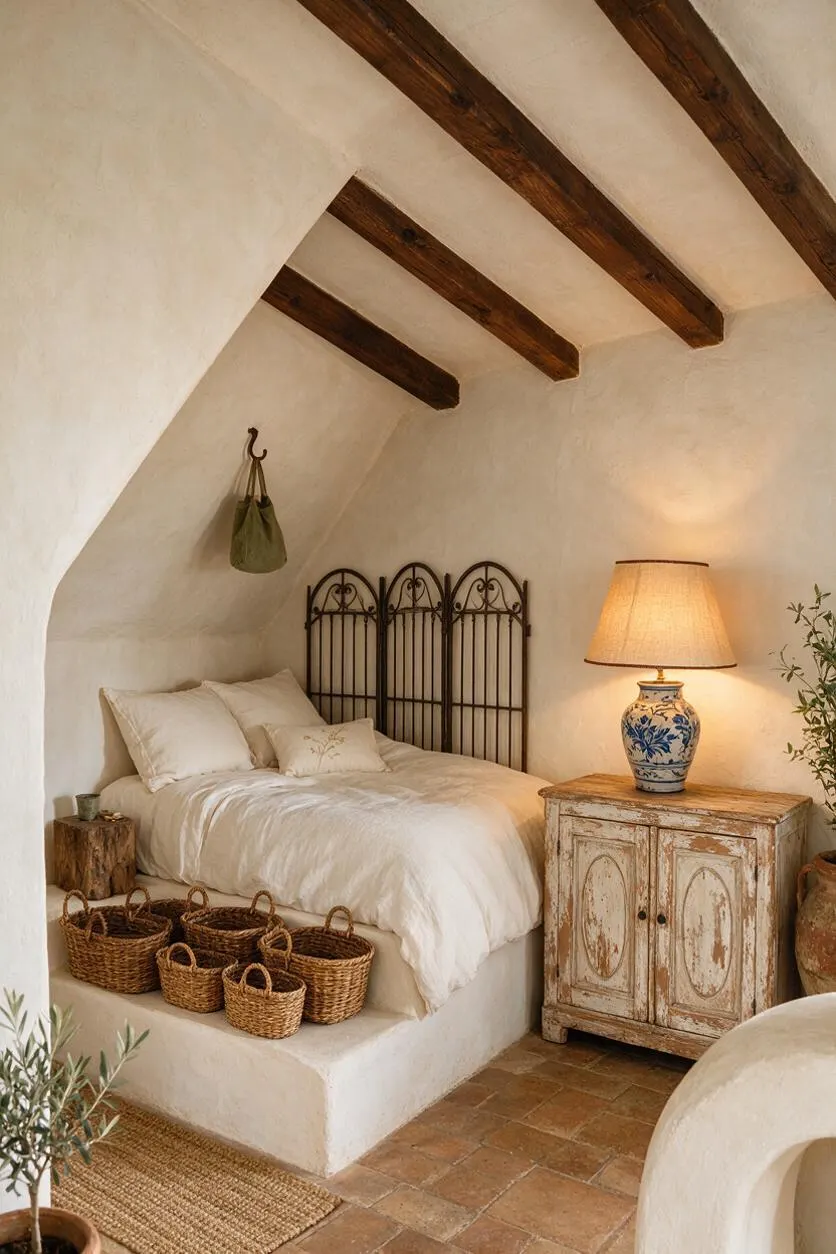 A cozy Mediterranean-style master bedroom with white plaster walls, a sloped ceiling with exposed dark wood beams, and a low bed dressed in soft white linens. The room features a wrought-iron headboard, a distressed wood nightstand with a blue-and-white ceramic lamp, woven baskets at the foot of the bed, and warm terracotta tile flooring.