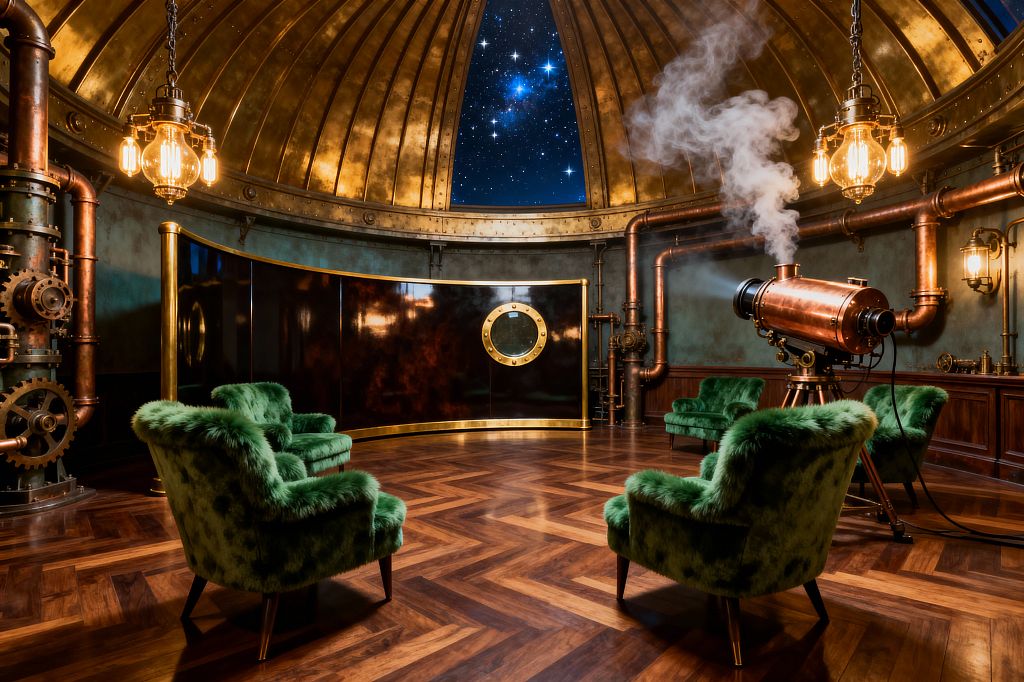 A circular media room with a ribbed brass dome and an oculus revealing a starry sky. Four emerald green plush armchairs sit on a walnut herringbone floor facing a curved dark lacquered screen with a brass porthole. Exposed copper pipes, gears, and wood wainscoting line teal walls, while warm Edison pendants and cage sconces glow. A polished copper projector on a tripod emits steam near the seating.