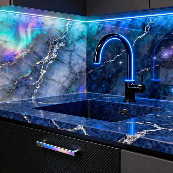 A close-up of a Cosmic Chic kitchen sink shows a deep-blue stone countertop and integrated basin with sparkling silver veining. A backlit glass backsplash displays galaxies and aurora-like swirls in teal, indigo, and violet. A matte-black, high-arc faucet is edged with electric-blue LED light, echoed by undercabinet LEDs. Dark carbon-fiber textured cabinetry and a polished metal pull complete the futuristic, glowing vignette.