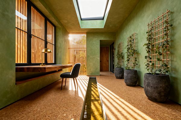 A narrow home office features sage-green limewash walls and a floating walnut desk set beneath black-framed windows with vertical timber screens. A large skylight floods the space with sun, casting striped shadows across cork flooring. Three dark concrete planters hold climbing vines on light-wood trellises. A slim recessed water rill runs along the floor, reflecting light. A gray upholstered chair and a brass dome desk lamp complete the calm, nature-led setting.