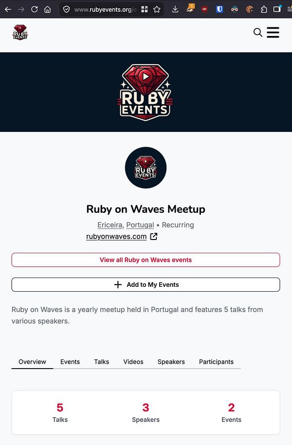 A creative illustration for Ruby on Waves featuring stylized waves, ruby gems, and a distinctive ruby-shaped logo with 'RubyOnWaves' text.
