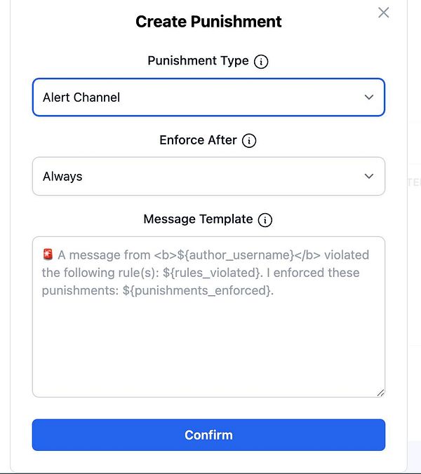 The image displays a user interface for creating a punishment with customizable alert messages.