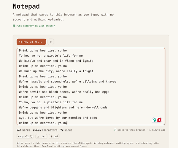 Screenshot of a Notepad application with a list of bullet points and a displayed word count.