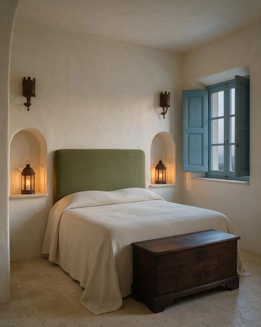 A serene Mediterranean-style guest bedroom with textured cream plaster walls, a bed dressed in soft white linens, and an olive-green upholstered headboard. Built-in wall niches hold lantern-style candles, while a blue-paned window opens to natural light and a dark wooden chest sits at the foot of the bed.