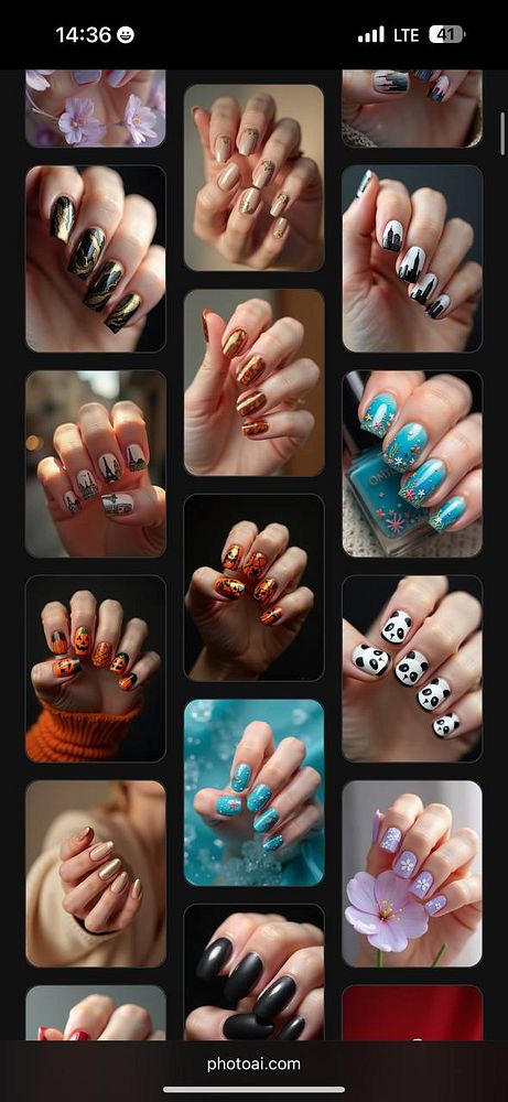 A collage of various nail designs displayed on hands.