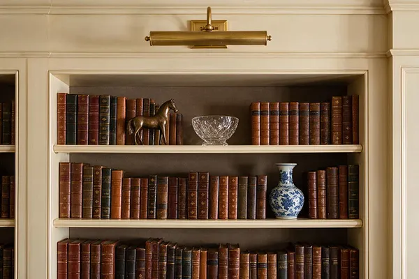A built-in traditional bookshelf filled with rows of leather-bound books in rich browns and burgundy tones. Decorative objects include a small brass horse figurine, a cut crystal bowl, and a blue-and-white porcelain vase, all lit by a brass picture light above.