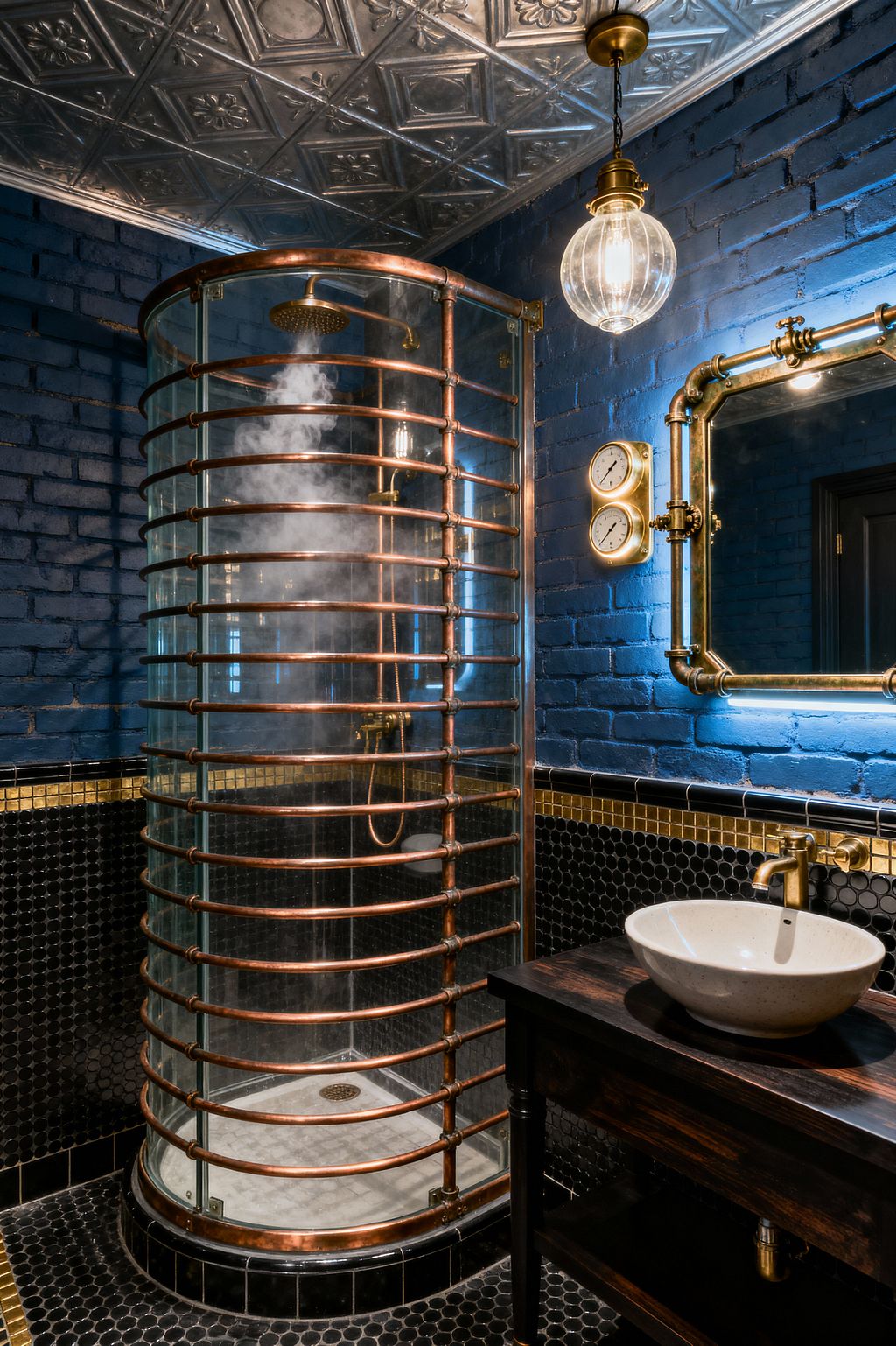 A steampunk bathroom features a cylindrical glass shower wrapped in horizontal copper pipes and a brass rain head releasing steam. Deep blue painted brick walls meet black hex tile with a gold border, while a pipe-framed mirror with twin pressure gauges, a ribbed-glass pendant light, a pressed tin ceiling, and a round speckled vessel sink on a dark wood vanity complete the scene.
