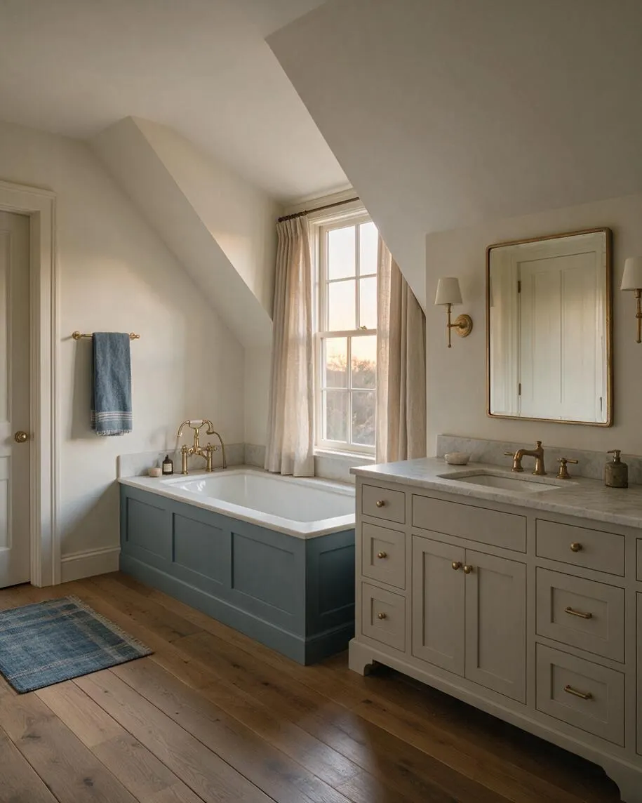 A transitional master bathroom with a blue paneled soaking tub set beneath a window with sheer curtains, a light wood vanity with marble countertop and brass fixtures, and warm wood floors. Soft neutral walls, a framed mirror, and simple sconces create a calm, elegant atmosphere.