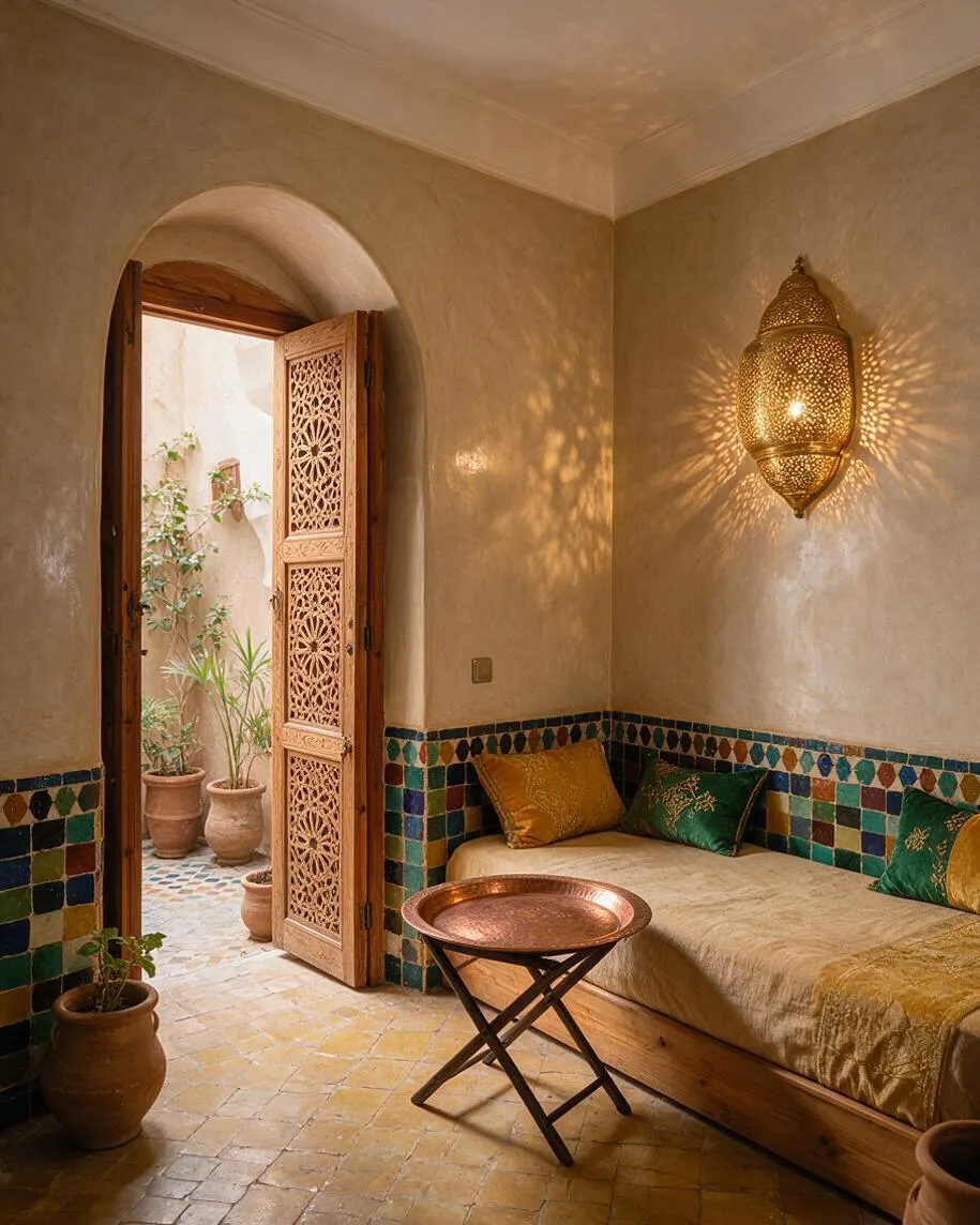 A cozy Moroccan-style guest bedroom with earthy plaster walls, a carved wooden arched door, and colorful mosaic tile trim. A low daybed with gold and green cushions sits beside a brass wall lantern that casts intricate light patterns, while an open doorway leads to a small courtyard with potted plants.