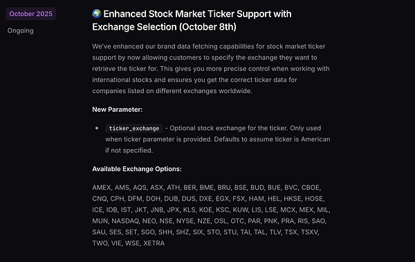 The image displays a task update regarding enhanced stock market ticker support for international stocks.