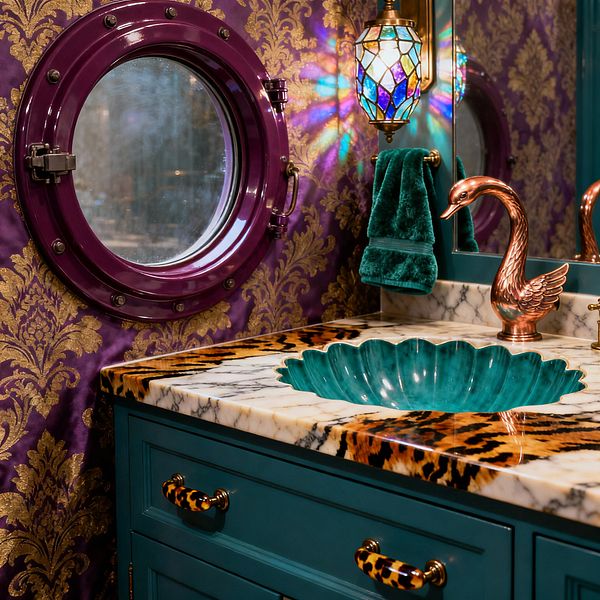 A jewel-toned laundry sink area with a teal vanity topped by a white marble counter edged in tiger print. A scalloped teal basin sits beneath a copper swan faucet. Purple walls with gold damask surround a round porthole-style window, while a stained-glass sconce casts multicolored light next to a mirror and an emerald hand towel, creating a richly layered maximalist scene.