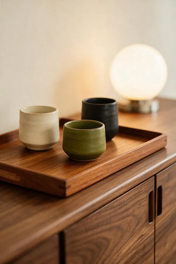 A walnut tray sits on a mid-century modern wood cabinet, holding three small ceramic cups in cream, olive green, and charcoal. A frosted globe lamp glows softly in the background against a warm neutral wall.