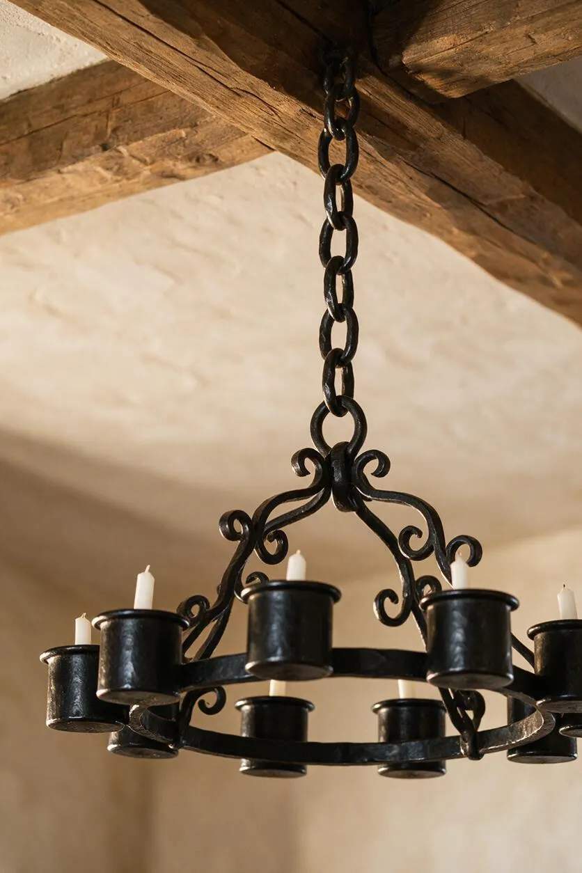 A rustic Southwestern chandelier hangs from exposed wooden ceiling beams on a heavy black chain. The circular wrought iron frame features scrolling details and multiple small candle-style lights with white faux candles, set against warm plaster walls.