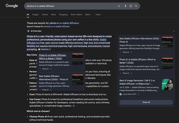 Screenshot of the AI Overviews chat interface showing a conversation about AI topics and features.