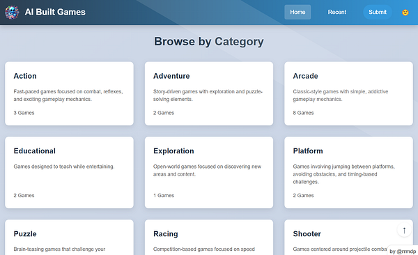 The image displays a categorized layout of games on a website titled 'AI Built Games'.