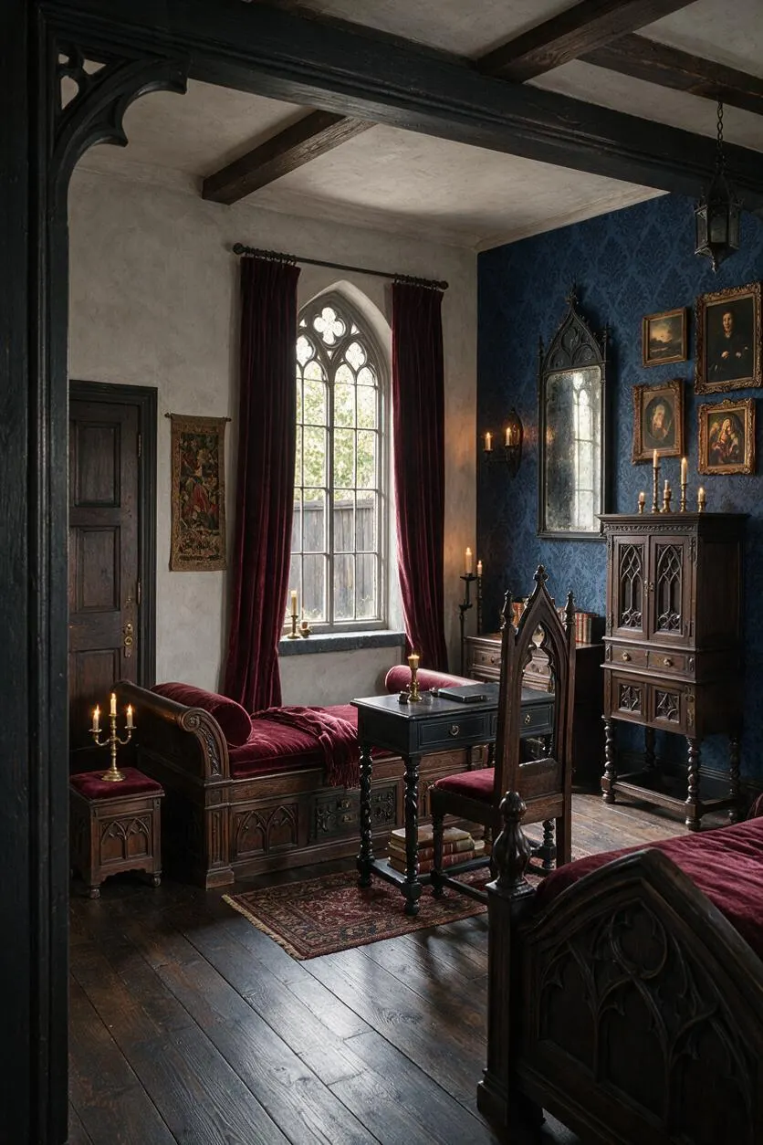 A moody Gothic-style backyard room or garden pavilion with pointed-arch window details, deep burgundy velvet seating, dark carved wood furniture, and blue patterned walls. Candlelight, framed portraits, and a small rug add to the historic, dramatic atmosphere.