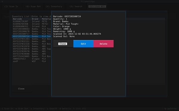 A terminal user interface (TUI) application displaying a filament inventory management system.