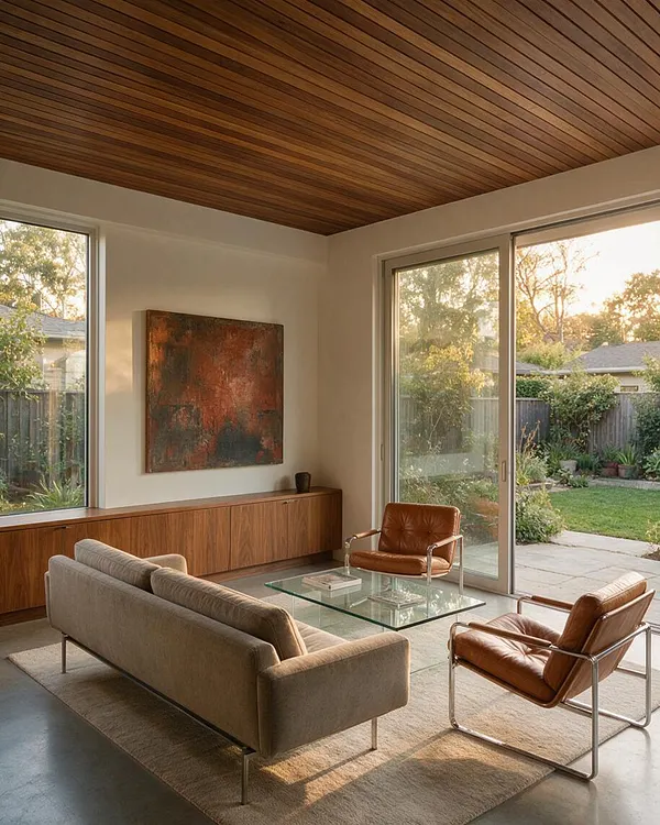 A modern sunroom with a slatted wood ceiling, large floor-to-ceiling windows, and a neutral seating area arranged around a glass coffee table. The room includes a beige sofa, tan leather chairs with chrome frames, a long wood side cabinet, and abstract wall art, with a backyard garden visible outside.