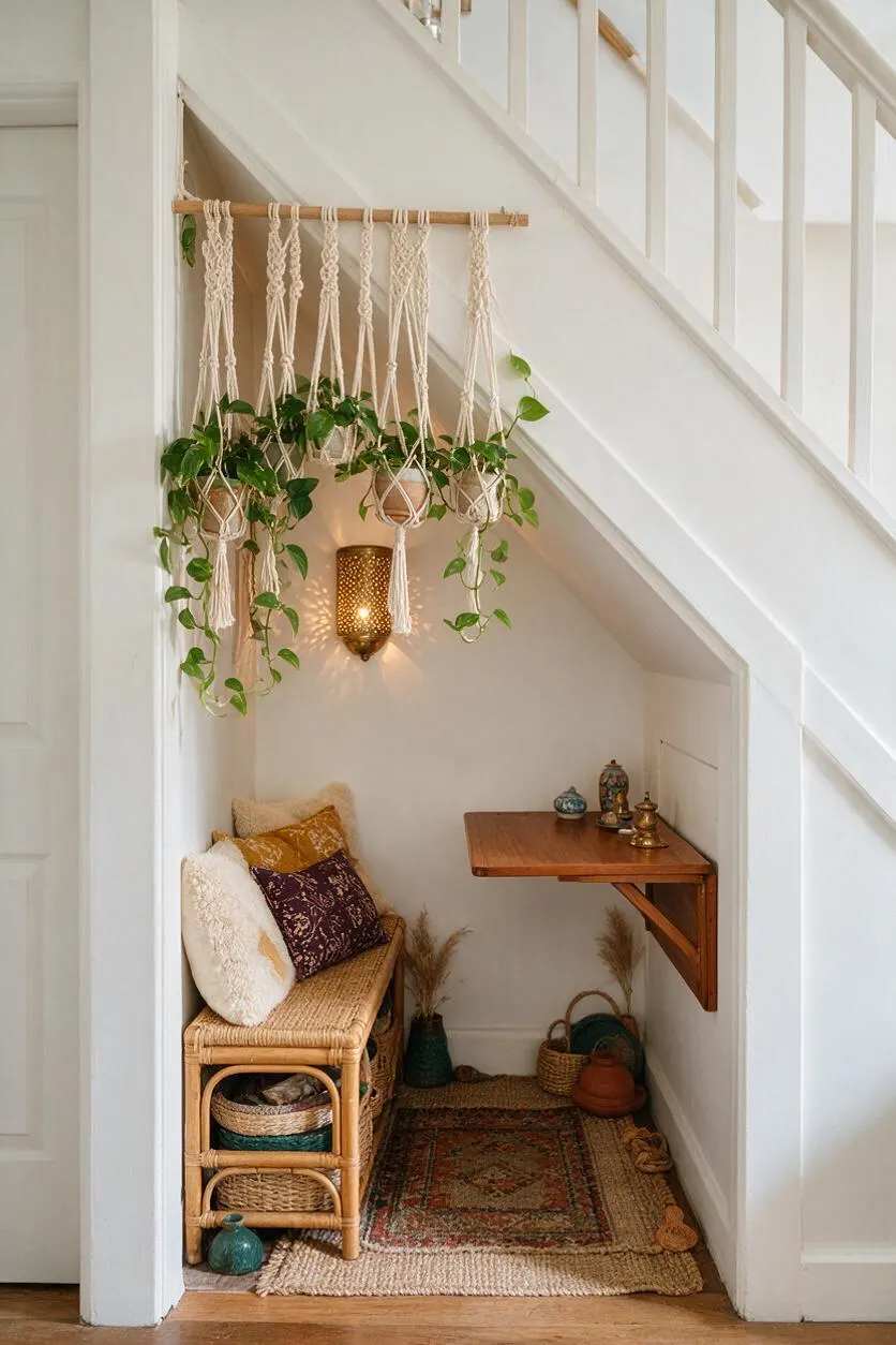 A small bohemian-style nook tucked under a staircase, featuring a woven bench with patterned pillows, a wall-mounted wooden table, hanging macrame plant holders with trailing greenery, and layered rugs. Warm natural textures, baskets, and soft lighting create an inviting game room atmosphere.