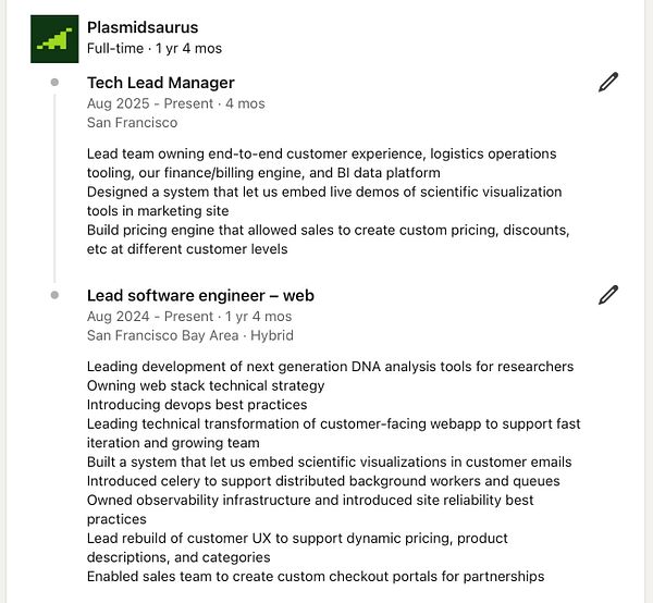 The image displays a LinkedIn profile section detailing job experiences at a company named Plasmidsaurus.