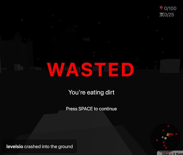 The image displays a game over screen indicating a crash in a video game.