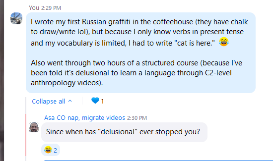 A chat conversation discussing language learning and graffiti.