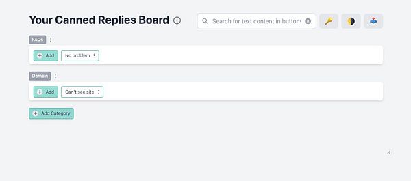 The image displays a user interface for a Canned Replies Board with a search bar at the top and sections for FAQs and Domain entries.
