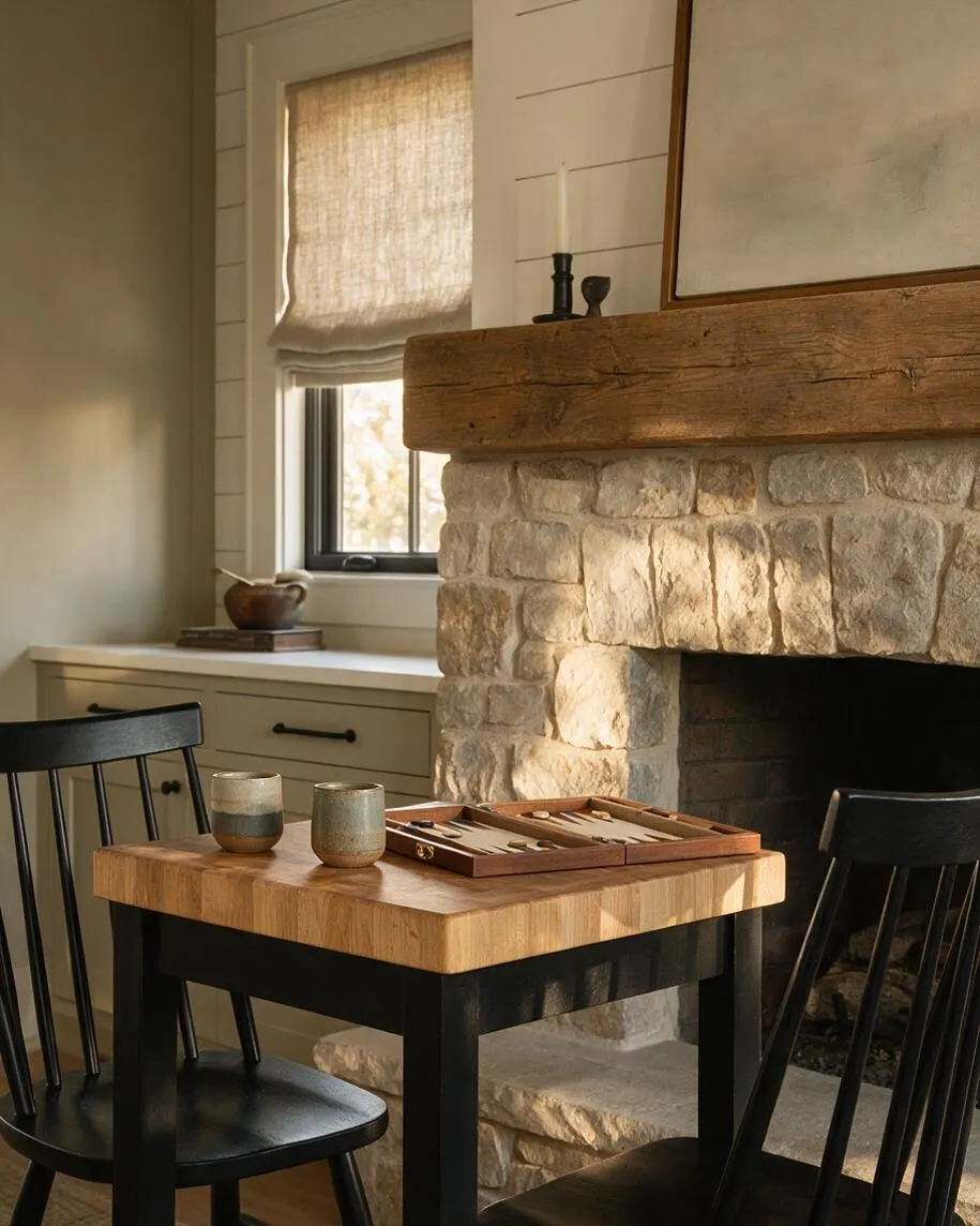 A warm farmhouse game room corner with a rustic stone fireplace topped by a thick reclaimed wood mantel. In front, a small table with a butcher-block top and black base is paired with black spindle-back chairs, while soft neutral walls, a linen window shade, and simple tabletop decor create a calm, inviting atmosphere.