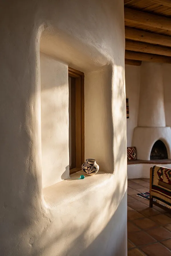 A white adobe interior wall with a recessed niche and a wooden window frame sits in warm sunlight. In the background are a rounded kiva-style fireplace, exposed wood ceiling beams, terracotta tile flooring, and a Southwestern patterned chair.