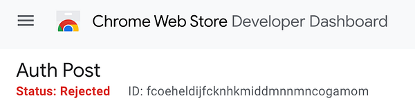 The image displays a section of the Chrome Web Store Developer Dashboard indicating a rejected app submission.