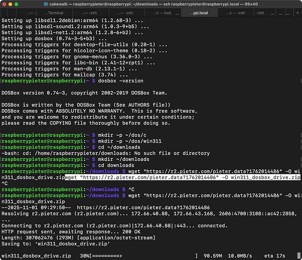 A terminal interface displaying commands and output related to downloading a file on a Raspberry Pi.