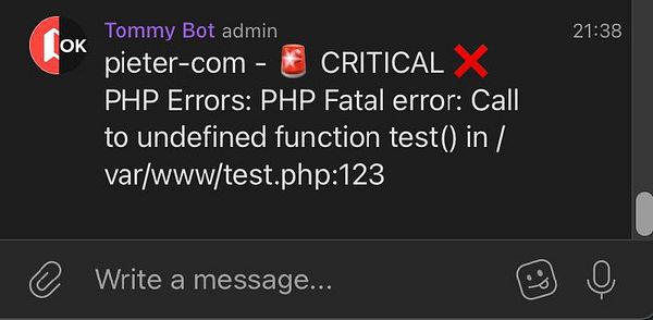 A critical PHP error notification from a bot in a messaging interface.