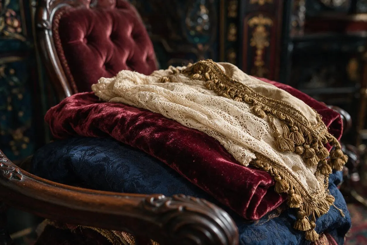 An ornate Victorian-style wooden chair with a tufted burgundy velvet back and carved armrest holds folded textiles in deep red, navy blue, and cream. A cream lace fabric with gold trim and tassel fringe rests on top, creating a rich layered look.