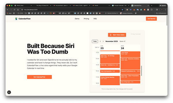 The image displays a demo interface for CalendarFlow, showcasing a calendar view with scheduled events.
