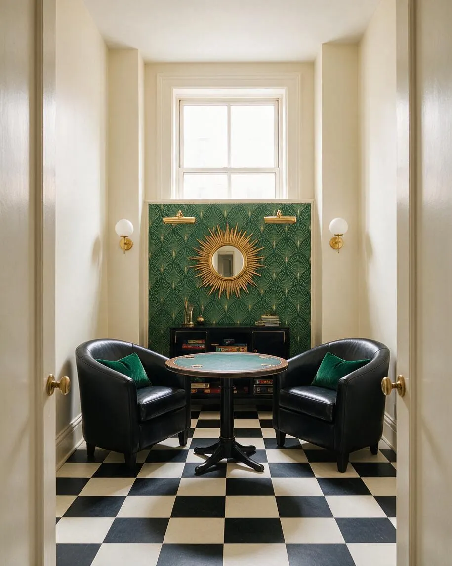 A narrow Art Deco-inspired game room with black-and-cream checkered flooring, two black leather club chairs, and a small round game table. The back wall features deep green fan-pattern wallpaper, a gold sunburst mirror, and brass sconces under a bright window.