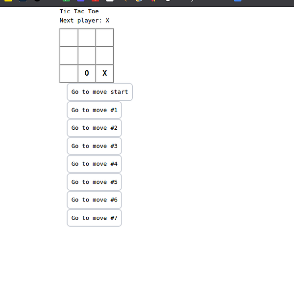 A tic-tac-toe game interface displaying the current state of the game and move history.