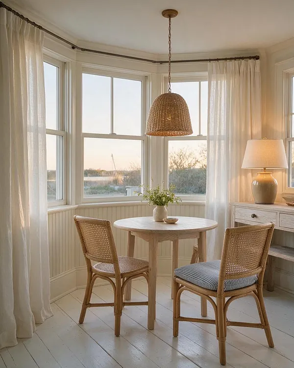A bright coastal sunroom with tall bay windows, sheer white curtains, a woven pendant light, and a small round wood table with two cane chairs. A side table with a ceramic lamp adds warmth, while the white painted floor and soft neutral palette create a calm seaside atmosphere.