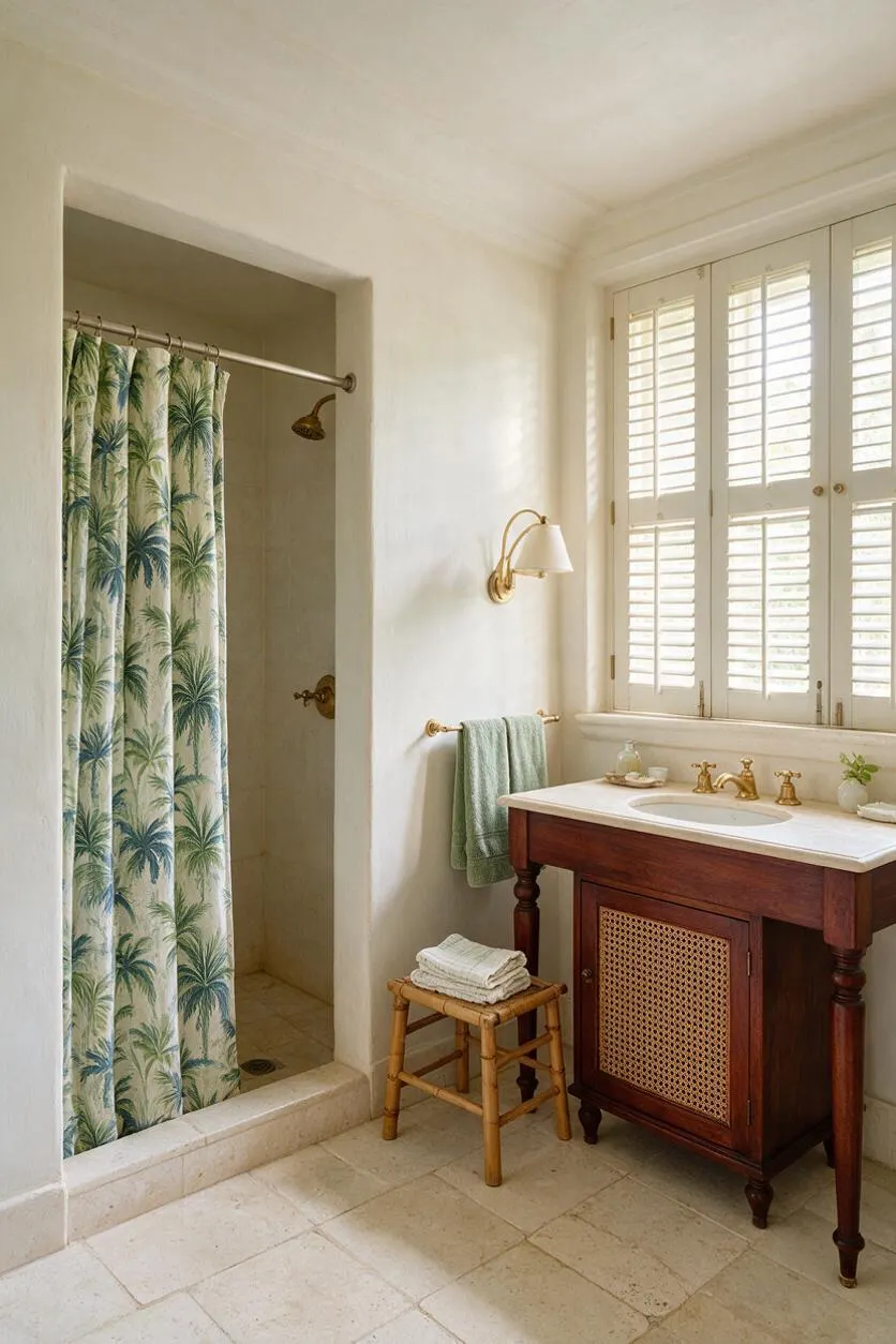 A bright tropical master bathroom with a palm-print shower curtain in a recessed shower, a dark wood vanity with a white countertop, brass fixtures, and cream stone tile flooring. White plantation shutters filter soft daylight over the sink area, and a small bamboo stool with folded towels adds a relaxed, resort-like touch.