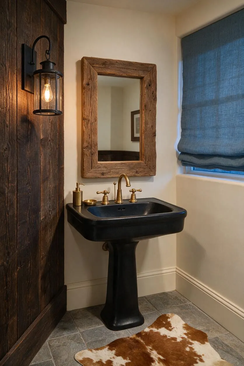 A compact rustic powder room with a black pedestal sink, brass faucet and soap dispenser, and a rough-hewn wood-framed mirror on a cream wall. A dark wood plank accent wall and lantern-style sconce add warmth, while a blue Roman shade and cowhide rug soften the space.
