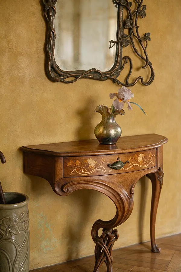 An Art Nouveau vignette with a curving wooden console table against a warm ochre wall, topped by a small metallic vase holding a pale flower. Above it hangs an elaborate asymmetrical mirror with vine-like metalwork, while a carved ceramic planter is partially visible at the left edge and a parquet wood floor grounds the scene.