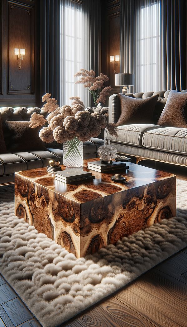 a luxurious interior design featuring a burl wood coffee table