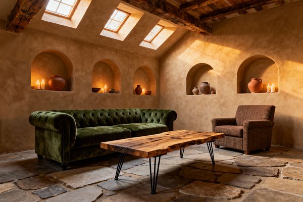 A rustic living room with textured beige plaster walls featuring arched niches that display terracotta vessels and candles. A moss-green tufted velvet Chesterfield sofa sits along the wall facing a live-edge wood coffee table on black hairpin legs, set on a flagstone floor. A brown woven armchair rests to the right. Exposed wooden beams and three skylights in the sloped ceiling pour in warm daylight, blending with candlelight for a cozy, old-world feel.