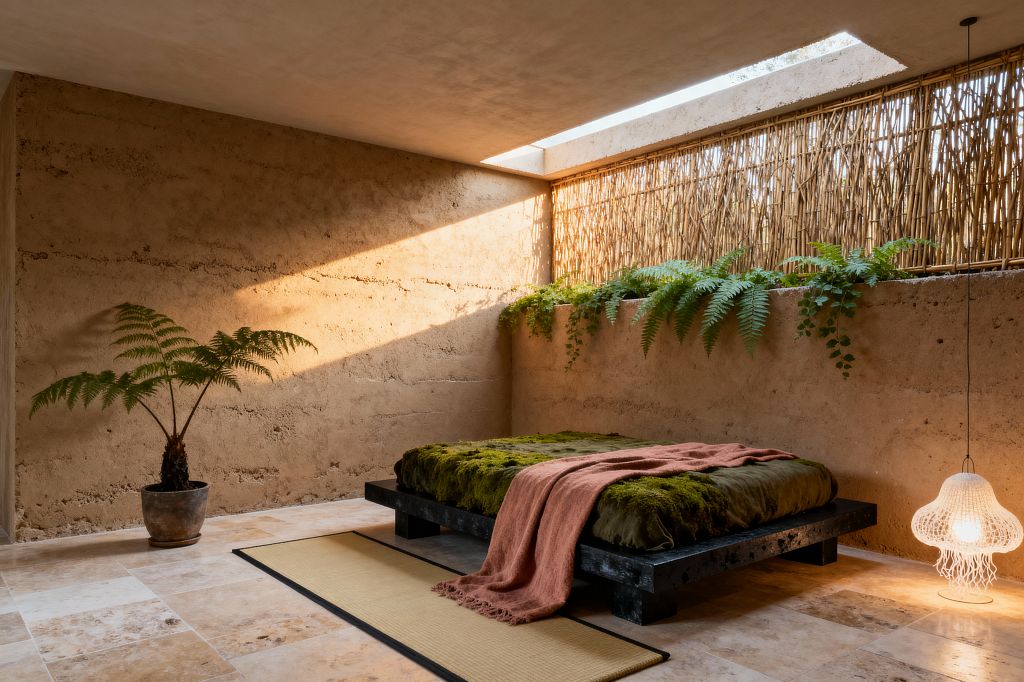 A serene bedroom with rammed-earth walls and a low blackened-wood platform bed dressed in moss-green bedding and a terracotta throw. A continuous planter under a bamboo screen and linear skylight overflows with ferns and trailing vines, casting warm sunlight across travertine floors; a potted tree fern, a narrow tatami runner at the bedside, and a white woven pendant near the floor complete the natural, biophilic scene.