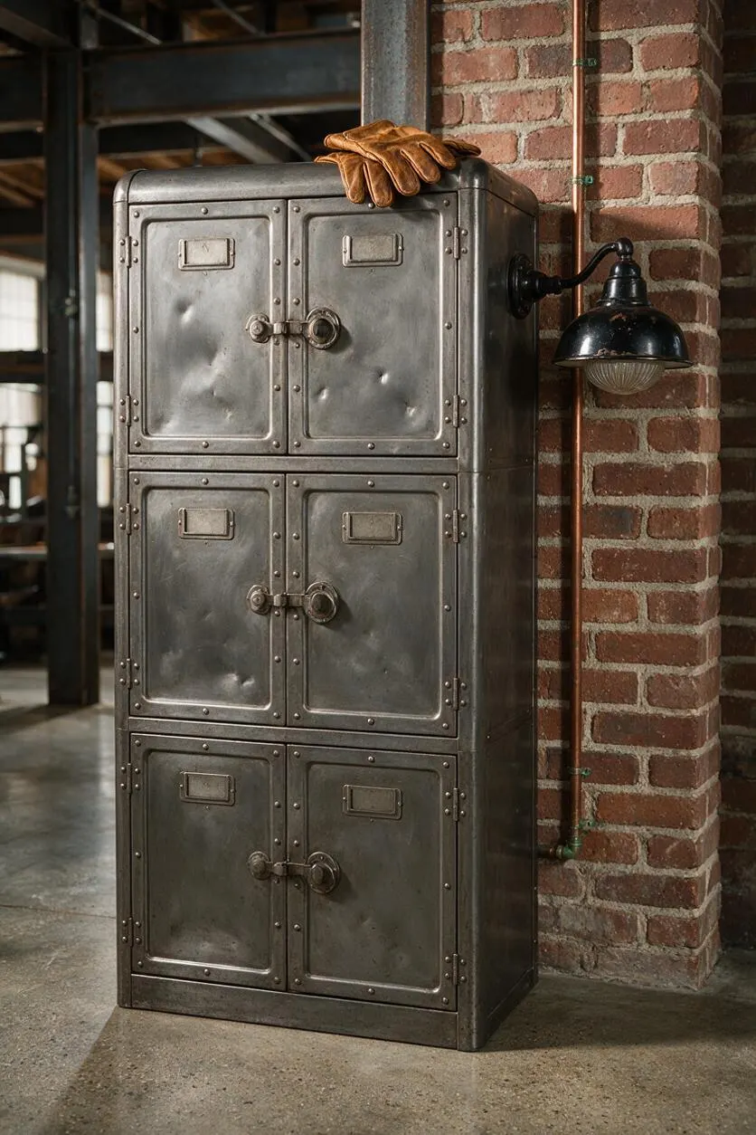 A tall industrial metal cabinet stands against a red brick wall in a loft-like space. The cabinet has three stacked compartments with riveted doors, ring pulls, and a worn steel finish, with brown leather gloves resting on top and a black factory-style wall lamp mounted beside it.